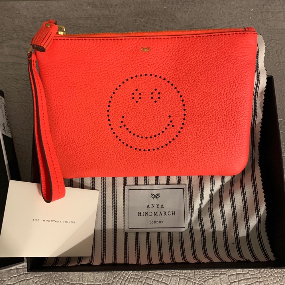 Anya Hindmarch Smiley  Neon Coral Leather Wristlet